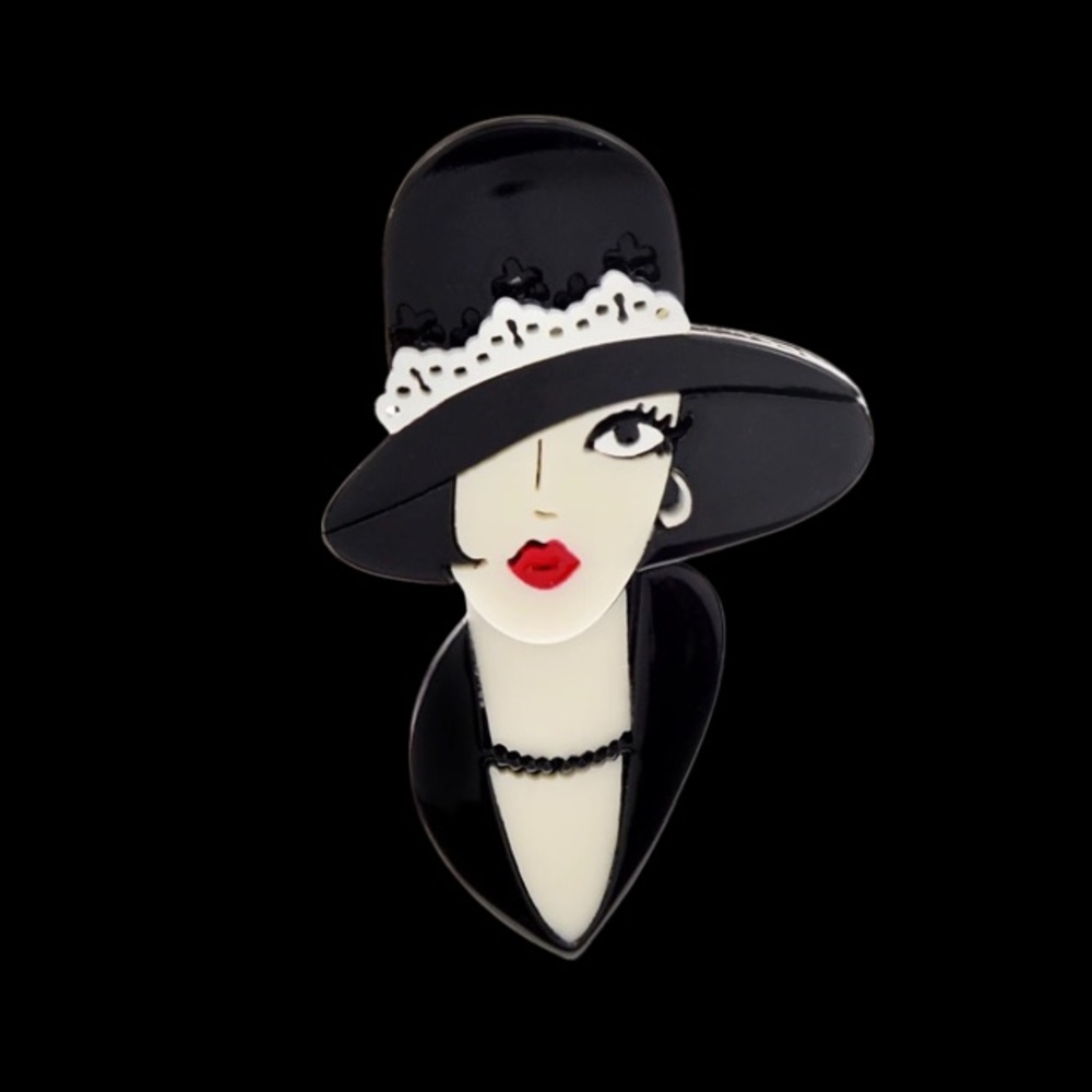 Vintage era lady with hat acrylic brooch.NWT - Picture 1 of 4